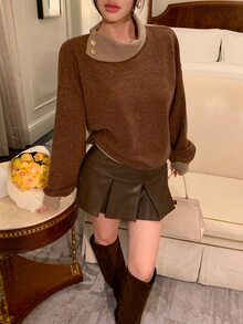 Joudiya Women's Brown Colorblock Patchwork Collared Button Loose Casual Commute Knit Elegant Date T-Shirt, Autumn/Winter - Camel - View 3