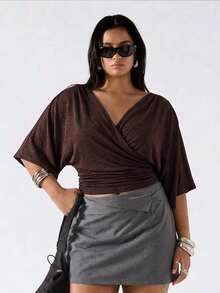 Muchica Plus Size Vintage Fashion Cross Pleated T-Shirt Street Style - Brown - View 8
