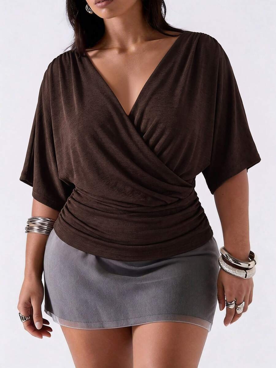 Muchica Plus Size Vintage Fashion Cross Pleated T-Shirt Street Style - Brown - View 1