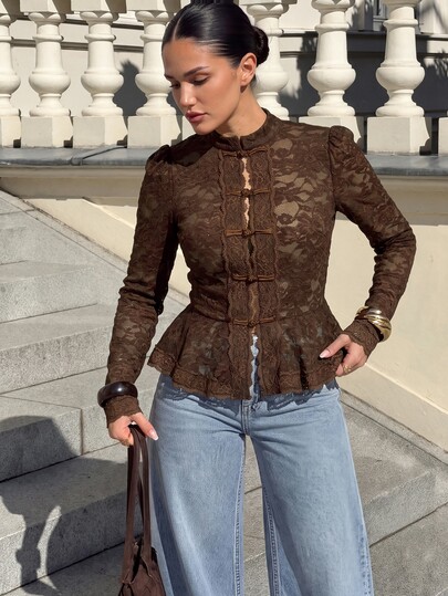 Firerie Blusa feminina castanho-escuro com renda, peplum, gola mandarim, manga comprida, transparente, elegante, vintage, para trabalho, férias e saídas, outono
