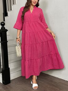 Easowa Curve Plus Size V-Neck Ruffle Trim Plaid Loose Pink Summer Boho Holiday Vacation Dress,Casual Long Dresses For Women,Beach Graduation Easter Spring Outfit - Multicolor - View 6