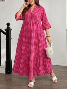 Easowa Curve Plus Size V-Neck Ruffle Trim Plaid Loose Pink Summer Boho Holiday Vacation Dress,Casual Long Dresses For Women,Beach Graduation Easter Spring Outfit - Multicolor - View 4