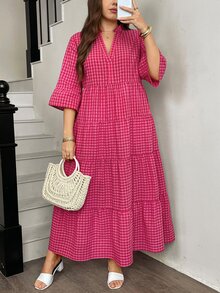 Easowa Curve Plus Size V-Neck Ruffle Trim Plaid Loose Pink Summer Boho Holiday Vacation Dress,Casual Long Dresses For Women,Beach Graduation Easter Spring Outfit - Multicolor - View 5