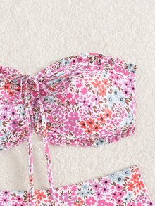 Swim Mod 女士夏季沙滩度假新款可爱无肩带碎花荷叶边甜美花卉搭配精致珍珠吊坠抽绳比基尼套装 - 彩色 - 查看 4