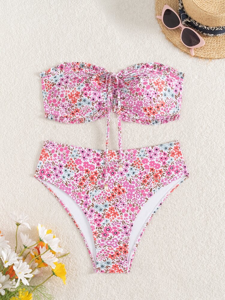 SHEIN Swim Women's Summer Beach Vacation New Cute Strapless Floral Ruffle Sweet Floral Matching Delicate Pearl Pendant Drawstring Bikini Set - Multicolor - View 6