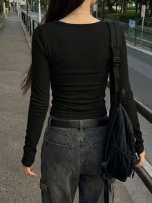 DAZY 女款素色修身百搭日常長袖T恤 秋季 - 黑色 - 查看 6