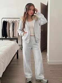 SHEIN 兒童青少年女孩秋冬休閒街頭時尚連帽人造毛飾邊拉鍊保暖內裡運動外套與運動長褲套裝，適合返校與日常穿著 - 淺灰色 - 查看 3