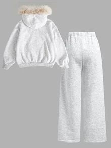 SHEIN 兒童青少年女孩秋冬休閒街頭時尚連帽人造毛飾邊拉鍊保暖內裡運動外套與運動長褲套裝，適合返校與日常穿著 - 淺灰色 - 查看 4