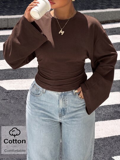 Muchica Damen Große Größen Schokoladenbraun Fledermausärmel Figurbetontes Langarm T-Shirt - Elegantes vielseitiges All-Match Top, geeignet für Sommer, Herbst und Winter, kombiniert lässige Mode und Partykleidung