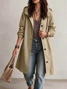 SHEIN LUNE Mantel Trench Wanita Serbaguna Model Baru Longgar Ukuran Plus Panjang Sedang dengan Tudung untuk Musim Gugur - Aprikot - View 3