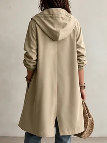 SHEIN LUNE Mantel Trench Wanita Serbaguna Model Baru Longgar Ukuran Plus Panjang Sedang dengan Tudung untuk Musim Gugur - Aprikot - View 2