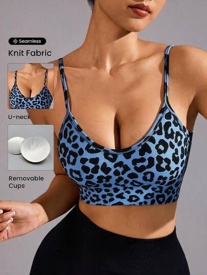 Slayform 1pc Women's Navy Blue Leopard Print Bra With Removable Pads, Adjustable Buckle, Sexy, Suitable For Yoga, Running, Cycling, Fitness, Outdoor Casual Activities, New Hot-Selling Style For Spring, Summer, Autumn, Winter