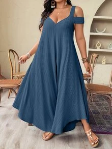 Weeklong Plus Size Women Minimalist Fashion Woven Long Sleeve Loose Jumpsuit Fall - Dusty Blue - View 8