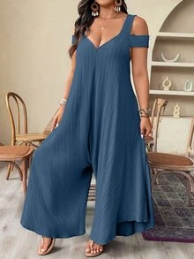 Weeklong Plus Size Women Minimalist Fashion Woven Long Sleeve Loose Jumpsuit Fall - Dusty Blue - View 3