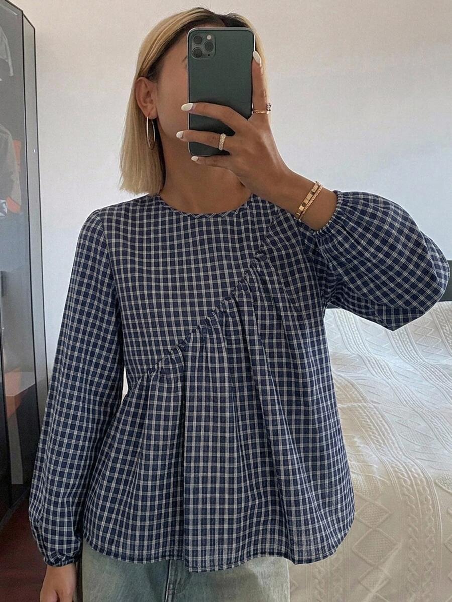 DAZY Women's Solid Color Loose Short Sleeve Round Neck Pleated Casual Vacation Summer Blouse Shirt - Blue - View 1