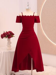 Wedding Season Girls' Premium Soft Knit Off-Shoulder Fitted Asymmetrical High-Low Long Dress For Prom, Performance, Birthday Party, Banquet, All Seasons - Burgundy - View 2