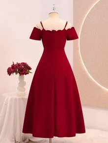 Wedding Season Girls' Premium Soft Knit Off-Shoulder Fitted Asymmetrical High-Low Long Dress For Prom, Performance, Birthday Party, Banquet, All Seasons - Burgundy - View 7