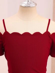 Wedding Season Girls' Premium Soft Knit Off-Shoulder Fitted Asymmetrical High-Low Long Dress For Prom, Performance, Birthday Party, Banquet, All Seasons - Burgundy - View 4