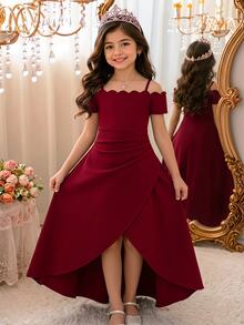 Wedding Season Girls' Premium Soft Knit Off-Shoulder Fitted Asymmetrical High-Low Long Dress For Prom, Performance, Birthday Party, Banquet, All Seasons - Burgundy - View 1