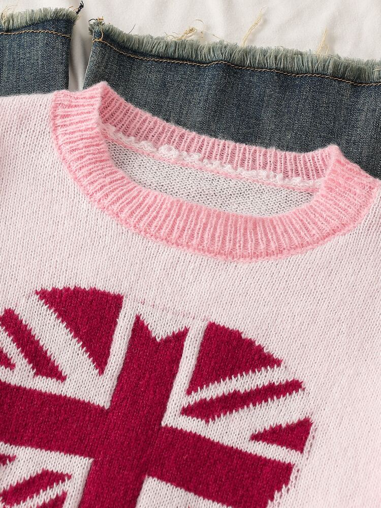 SHEIN Autumn/Winter New American Flag Print Knit Sweater Long Sleeve Teen Girls College Style Loose Knit Top Pullover - Pink - View 6