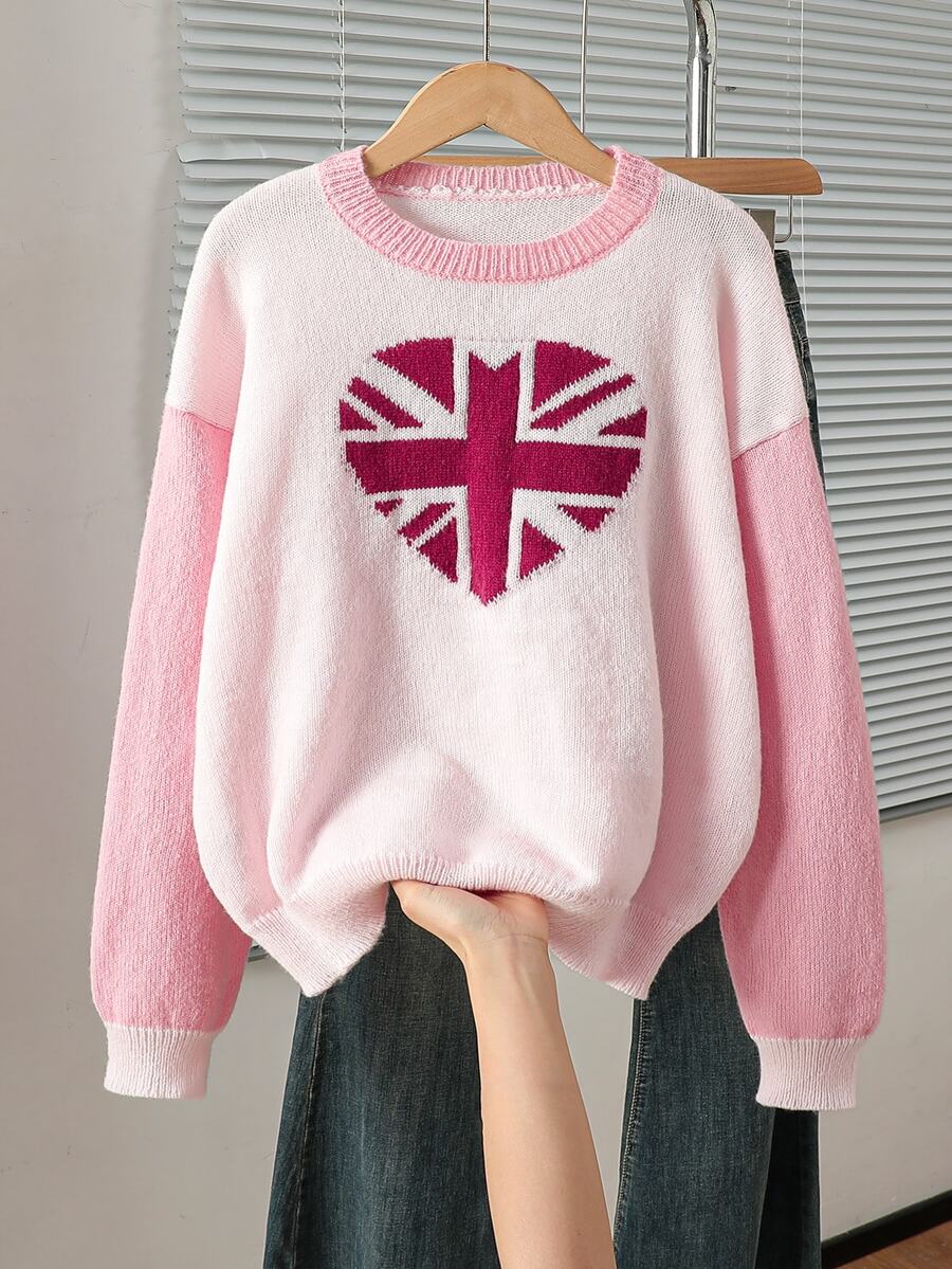 SHEIN Fall/ New American Flag Print Knit Sweater Long Sleeve Teen Girls College Style Loose Knit Top Pullover Gifts Party Pink Cute - Pink - View 1