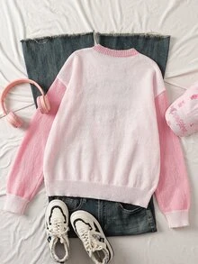 SHEIN 秋冬新款美式國旗印花針織毛衣長袖青少年女孩學院風寬鬆針織套頭上衣 - 粉色 - 查看 3