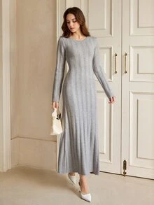 Graceveil فستان كنزة نسائي بسيط بأكمام طويلة وياقة دائرية - رمادي - مشاهدة 3