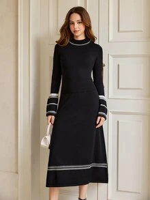 Graceveil Women's Contrast Color Long Sleeve Top And Skirt Casual Knit 2 Pieces Set - Black - View 1