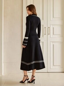 Graceveil Women's Contrast Color Long Sleeve Top And Skirt Casual Knit 2 Pieces Set - Black - View 2