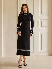 Graceveil Women's Contrast Color Long Sleeve Top And Skirt Casual Knit 2 Pieces Set - Black - View 3