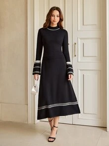 Graceveil Women's Contrast Color Long Sleeve Top And Skirt Casual Knit 2 Pieces Set - Black - View 5