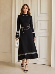 Graceveil Women's Contrast Color Long Sleeve Top And Skirt Casual Knit 2 Pieces Set - Black - View 4