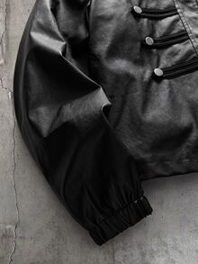 AXEPEAK Men's Autumn Casual Fashion Street Punk Style Design Button Decor Zipper Front PU Leather Jacket - Black - View 4
