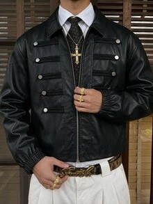 AXEPEAK Men's Autumn Casual Fashion Street Punk Style Design Button Decor Zipper Front PU Leather Jacket - Black - View 1