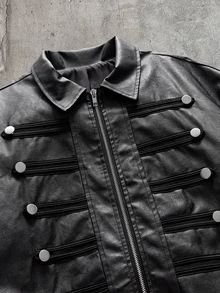 AXEPEAK Men's Autumn Casual Fashion Street Punk Style Design Button Decor Zipper Front PU Leather Jacket - Black - View 5