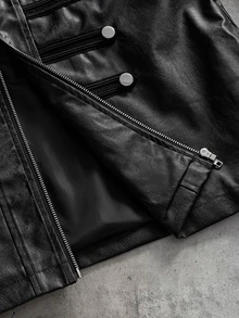 AXEPEAK Men's Autumn Casual Fashion Street Punk Style Design Button Decor Zipper Front PU Leather Jacket - Black - View 7