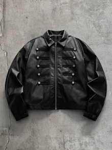 AXEPEAK Men's Autumn Casual Fashion Street Punk Style Design Button Decor Zipper Front PU Leather Jacket - Black - View 2