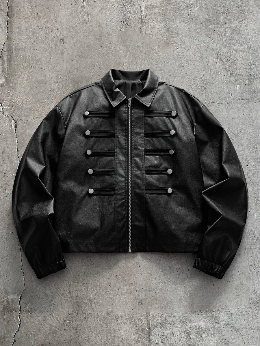 AXEPEAK Men's Autumn Casual Fashion Street Punk Style Design Button Decor Zipper Front PU Leather Jacket - Black - View 1