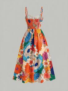 SHEIN Serisse Kids 少女小碎花無袖中長洋裝，米色度假風夏季波希米亞風，適合少女 - 彩色 - 查看 2
