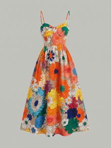 SHEIN Serisse Kids 少女小碎花無袖中長洋裝，米色度假風夏季波希米亞風，適合少女 - 彩色 - 查看 3