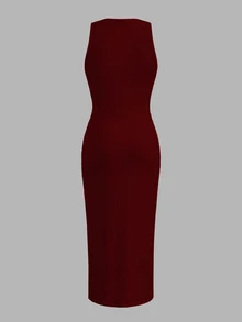 Easowa 休闲女式杏色针织纹理紧身连衣裙 - 酒紅色 - 查看 3