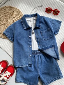 SHEIN 2pcs Young Boy Casual Stylish Comfortable Simple Versatile Loose Fit Soft Short Sleeve Shirt & Shorts Set, Suitable For Spring/Summer, Daily, Sports, Outings, School, Gatherings, Festivals, Photography, Korean Style - Blue - View 5