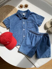 SHEIN 2pcs Young Boy Casual Stylish Comfortable Simple Versatile Loose Fit Soft Short Sleeve Shirt & Shorts Set, Suitable For Spring/Summer, Daily, Sports, Outings, School, Gatherings, Festivals, Photography, Korean Style - Blue - View 3