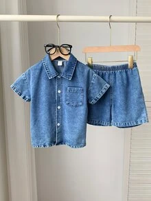 SHEIN 2pcs Young Boy Casual Stylish Comfortable Simple Versatile Loose Fit Soft Short Sleeve Shirt & Shorts Set, Suitable For Spring/Summer, Daily, Sports, Outings, School, Gatherings, Festivals, Photography, Korean Style - Blue - View 4