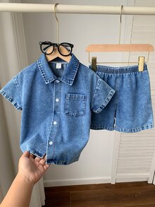 SHEIN 2pcs Young Boy Casual Stylish Comfortable Simple Versatile Loose Fit Soft Short Sleeve Shirt & Shorts Set, Suitable For Spring/Summer, Daily, Sports, Outings, School, Gatherings, Festivals, Photography, Korean Style - Blue - View 6