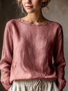 SHEIN Women's Casual Elegant Light Beige Round Neck Lace Trim Minimalist Commute Versatile Daily Blouse - Watermelon Pink - View 1