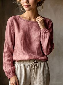 SHEIN Women's Casual Elegant Light Beige Round Neck Lace Trim Minimalist Commute Versatile Daily Blouse - Watermelon Pink - View 5