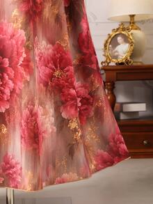 Rometta Plus Size Women's French Vintage Elegant Party Banquet Court Style Pink Floral Print Square Neck Long Sleeve Midi Dress, Suitable For Dating, Formal Occasions, Gatherings, Parties, Women's Long Dress, Autumn/Winter Dress, Halloween/Christmas Dress, Summer/Autumn - Red - View 6