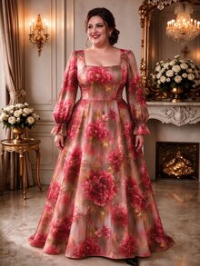 Rometta Plus Size Women's French Vintage Elegant Party Banquet Court Style Pink Floral Print Square Neck Long Sleeve Midi Dress, Suitable For Dating, Formal Occasions, Gatherings, Parties, Women's Long Dress, Autumn/Winter Dress, Halloween/Christmas Dress, Summer/Autumn - Red - View 1