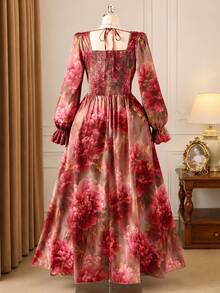 Rometta Plus Size Women's French Vintage Elegant Party Banquet Court Style Pink Floral Print Square Neck Long Sleeve Midi Dress, Suitable For Dating, Formal Occasions, Gatherings, Parties, Women's Long Dress, Autumn/Winter Dress, Halloween/Christmas Dress, Summer/Autumn - Red - View 2